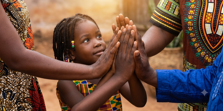 child surrounded by adults signifying protection