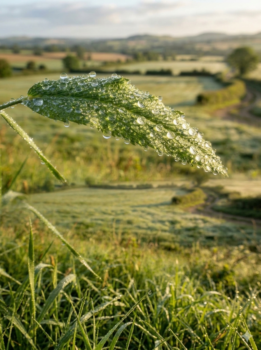 Leaf covered in dew with fertile plains in the background